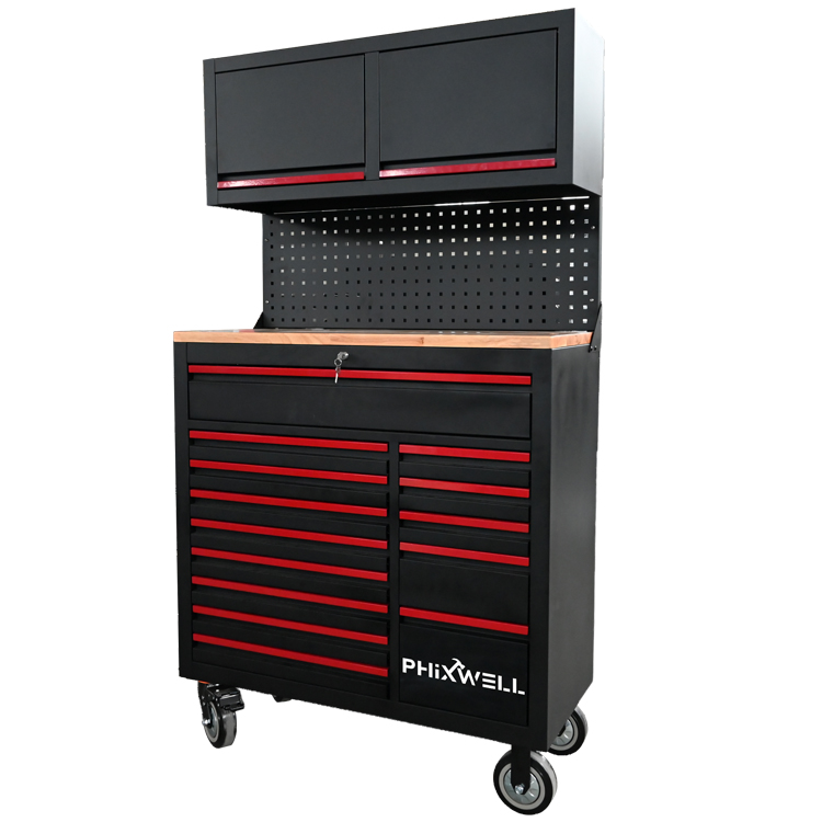 719522 PHIXWELL Puesto de trabajo multifuncional para herramientas con 14 cajones y armario colgante
