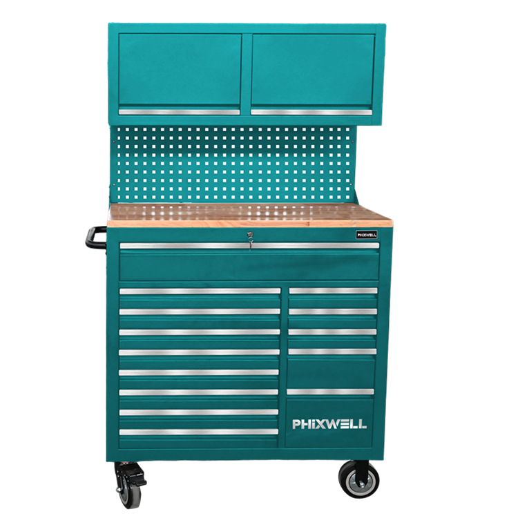 719522 PHIXWELL Puesto de trabajo multifuncional para herramientas con 14 cajones y armario colgante
